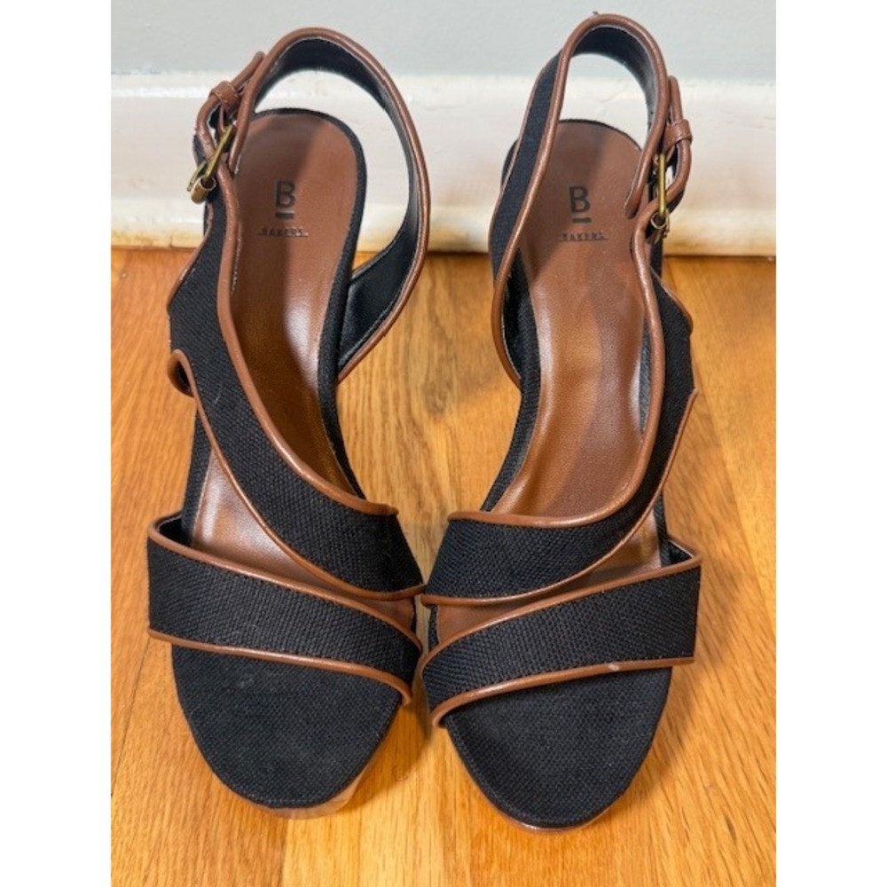 Bakers Beckie Platform Slingback Sandal Size 8B Black Brown Fabric Block Heel